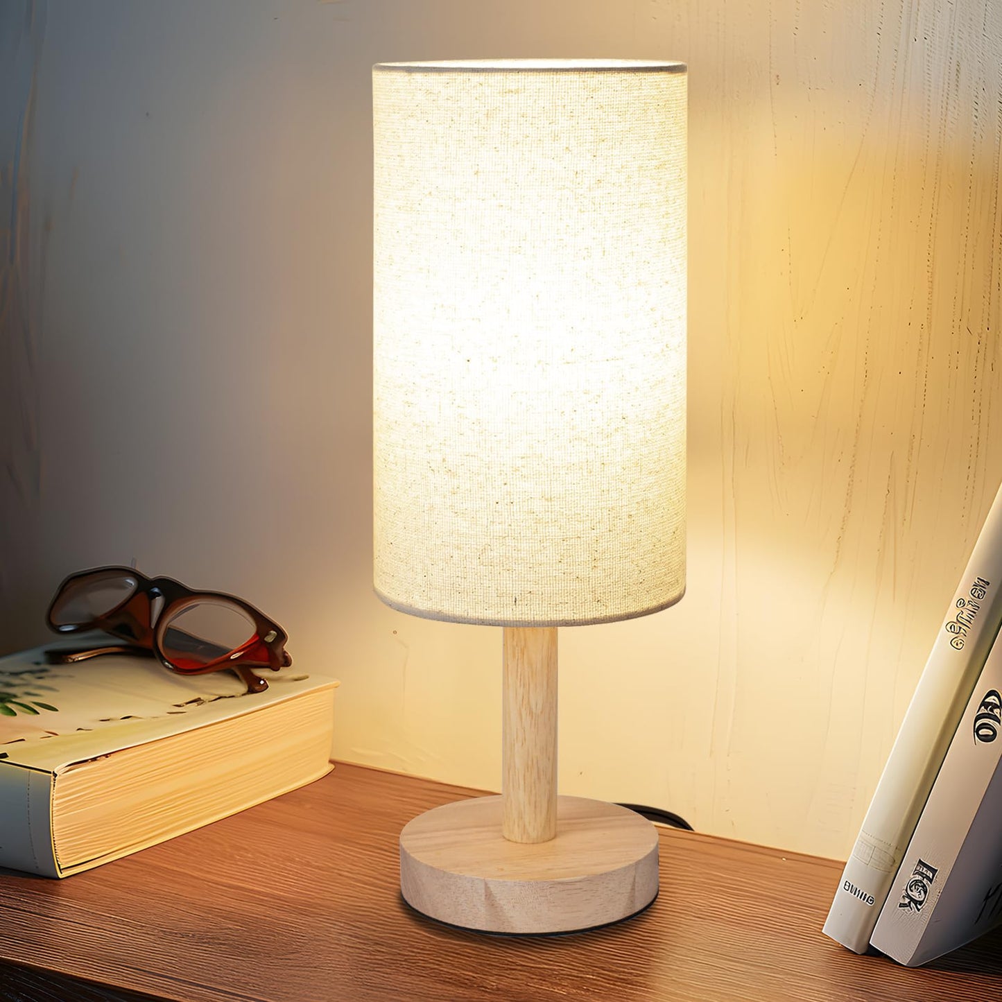 LALISU Small Table Lamp for Bedroom, Nightstand Lamp Linen Lampshade Bedroom Wood Base Small Bedside Lamp for Night Stands, Desk Lamps for Reading Living Room, Office (LED Bulb Included) (Wood Base)