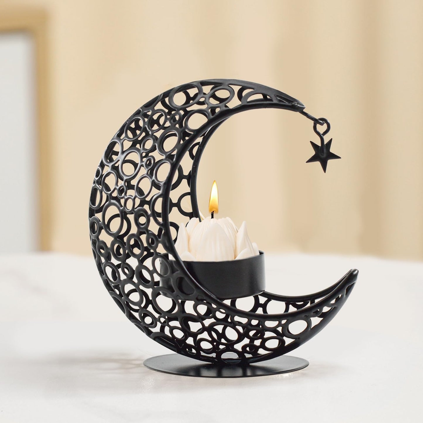 MrMrKura Moon Candle Holders Set of 2, Metal Tealight Candle Holder for Table Centerpiece Decorative Votive Candlesticks Holder for Party Home Decor (Black)