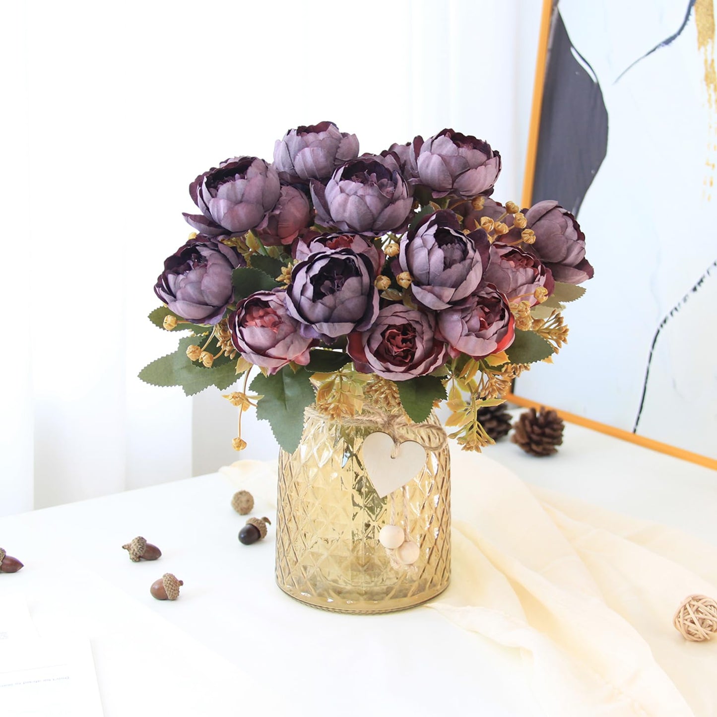 Leayiuvan Faux Flowers in Vase, Fake Flowers in Vase 21 Pcs Faux Peony Flowers, Artificial Flowers for Home Decor, Indoor Centerpiece for Living Room & Dining Table - Purple Red