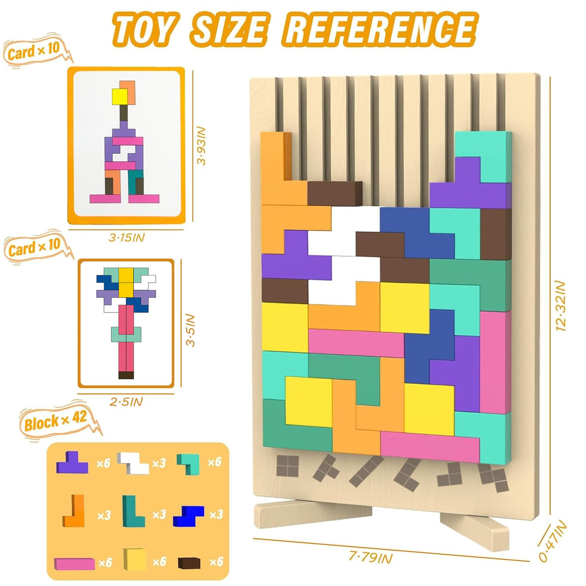 Wooden Block Puzzle Montessori Toys, Colorful Stacking Game Brain Teaser Puzzles for Toddlers and Kids with 20 Cards, Educational Wooden Toy Gifts for 3 4 5 6 7 8 Year Old Boys and Girls