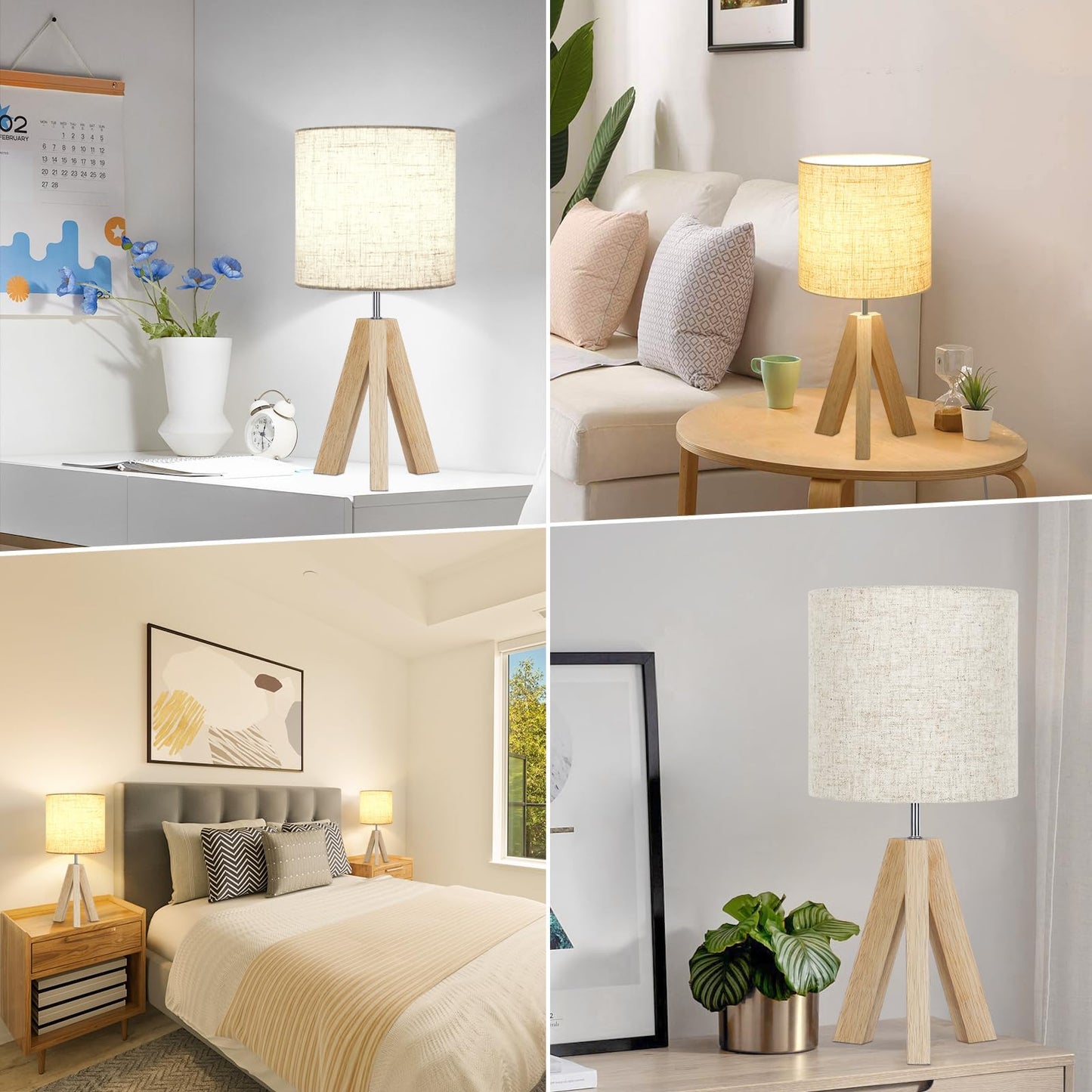 Small Table Lamp, Wooden Tripod Nightstand Lamp with Linen Fabric Shade, Cute Boho Modern Bedside Nightstand Lamp for Bedroom, Living Room, Nursery, Kids Room, Office, Dorm, Bulb Not Included