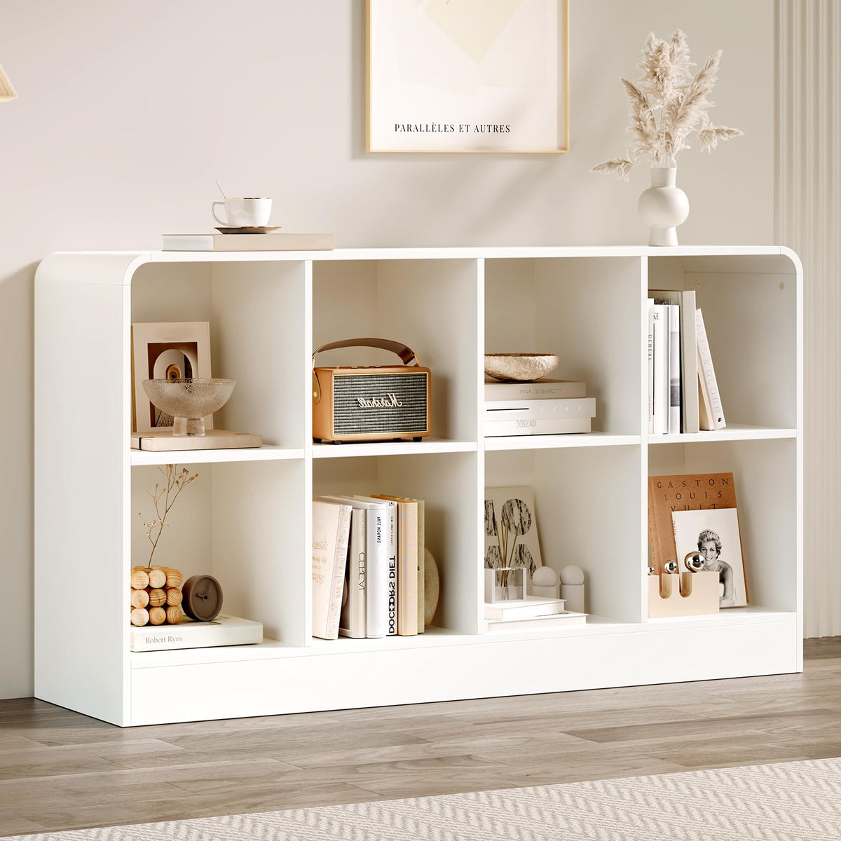 EXPERLAM White 8 Cube Storage Organizer with Rounded Edges and Reinforced Base, Low Horizontal Cube Bookshelf, Wooden Cube Shelf Bookcase for Living Room, Kids Room, Bedroom, TV Stand