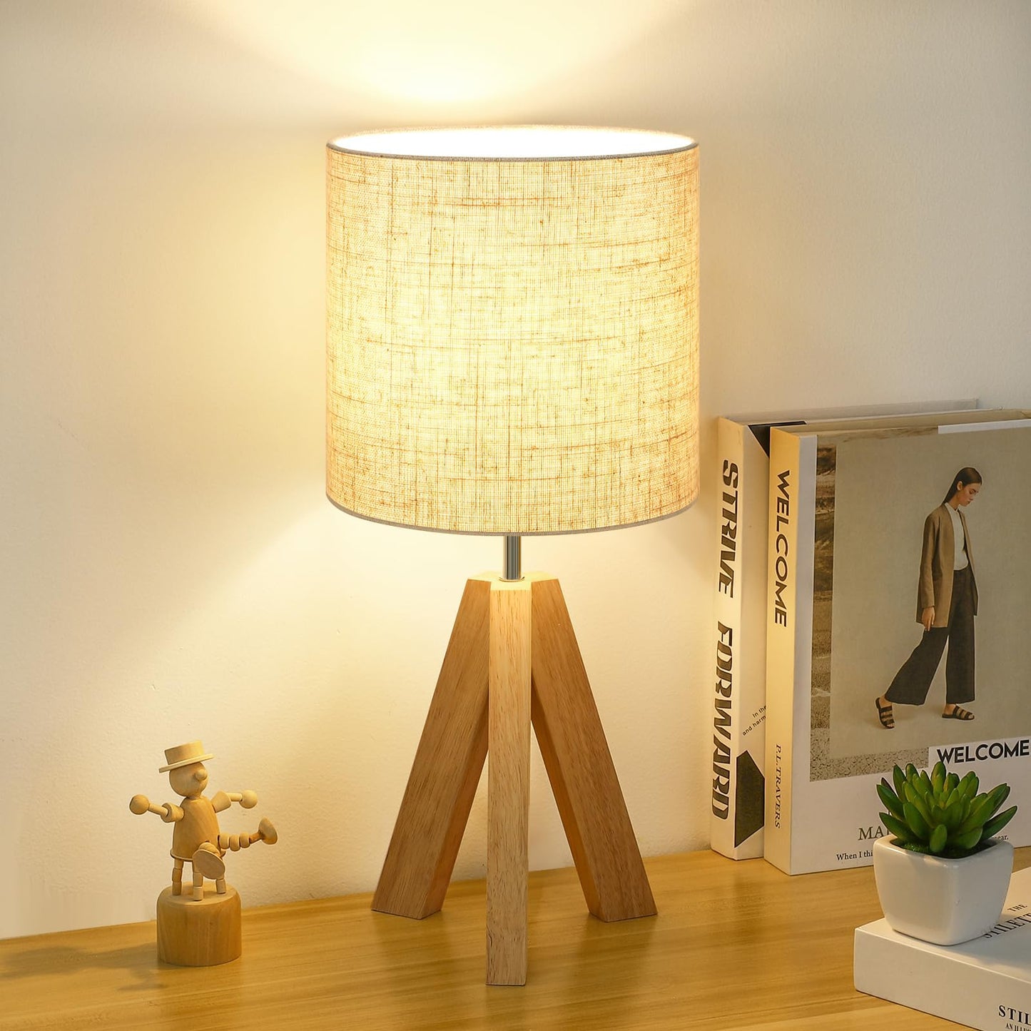 Small Table Lamp, Wooden Tripod Nightstand Lamp with Linen Fabric Shade, Cute Boho Modern Bedside Nightstand Lamp for Bedroom, Living Room, Nursery, Kids Room, Office, Dorm, Bulb Not Included