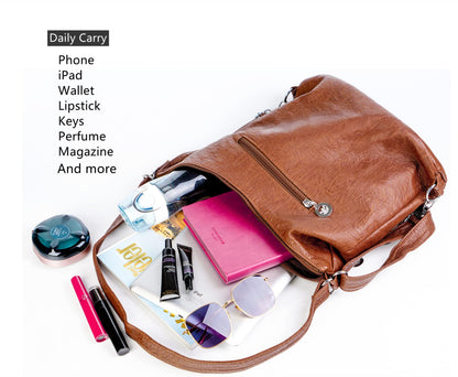 T-Kims Women Handbag Hobo Bag Tote Bags Shoulder Bag Soft Washed Leather Multifunctional Messenger Bag (Brown)