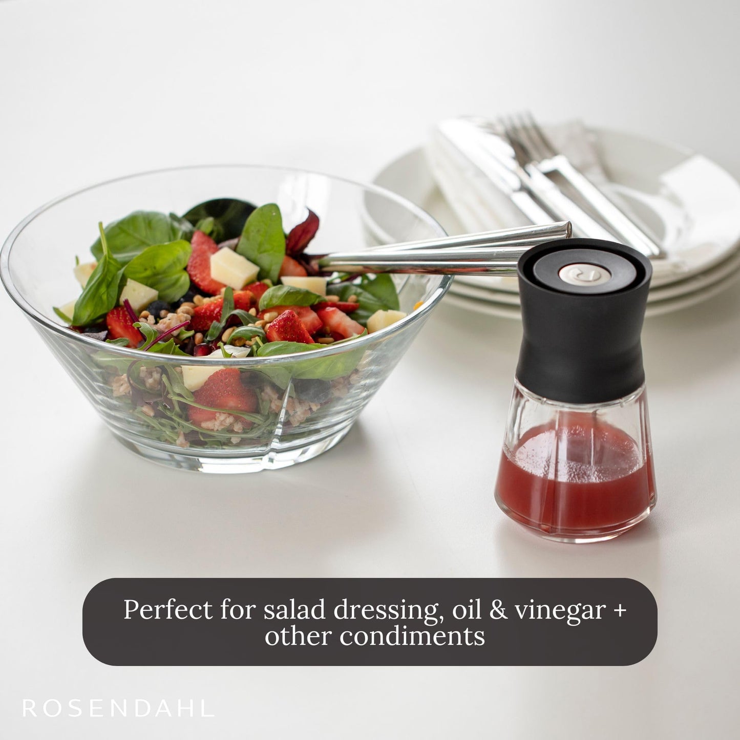 Rosendahl Grand Cru 8.5 Oz Dressing Shaker - Elegant Black Glass Container with Push-Button Lid, 360-Degree Spout for Easy Pouring, Leak-Proof, Multifunctional Kitchen Essential for Homemade Dressings