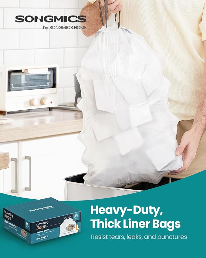 SONGMICS Trash Bags for 5.3 Gallon Trash Cans, Drawstring Kitchen Garbage Bags