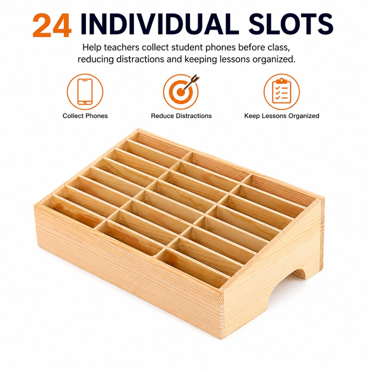XICHENGSHIDAI 24-Grid Classroom Cell Phone Holder, Wooden Mobile Phone Storage Box, Desk Organizer for Teachers, School and Office