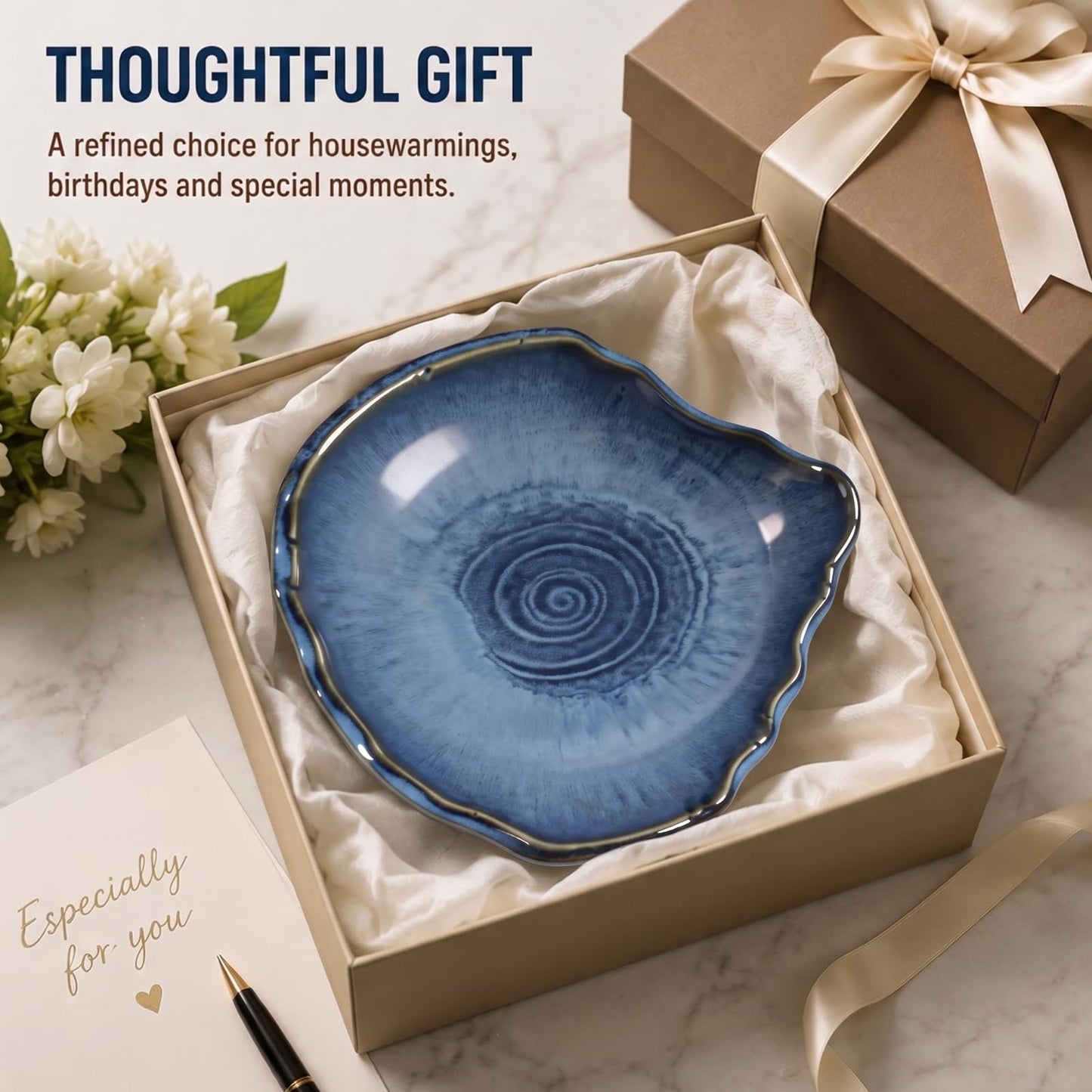 Konnieem Blue ceramic bowl, 10.6-inch wavy-rimmed bowl with a textured kiln-change glaze finish, ideal for serving fruit and desserts or as a decorative piece for the home