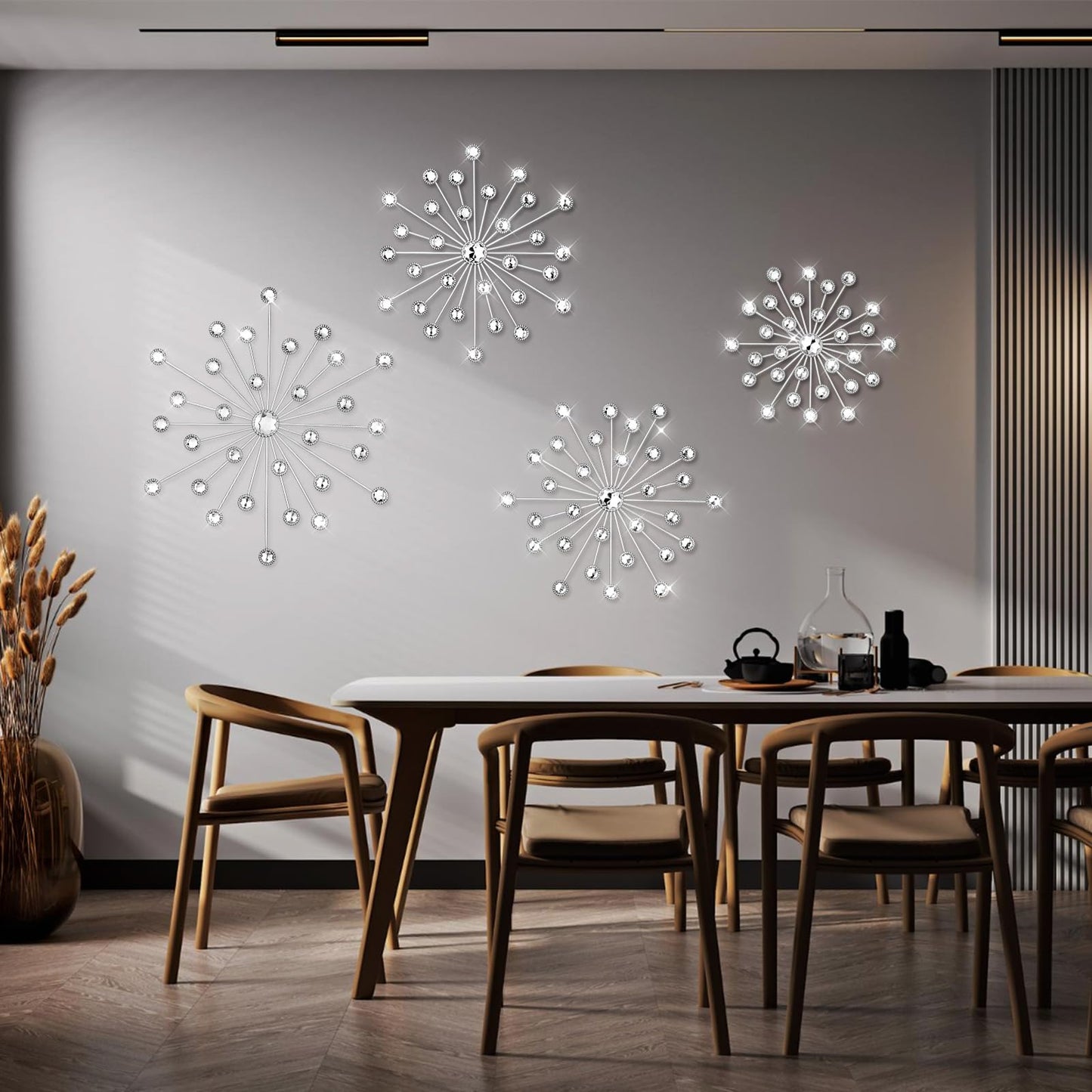 Limbeuuu 4 Pcs Metal Wall Decor Bling Crystal Wall Art Cast Iron Rhinestones Sunburst Decor Starburst Art Hanging Diamond Accents Home Decorative for Living Room Bedroom Entryway(Silver)