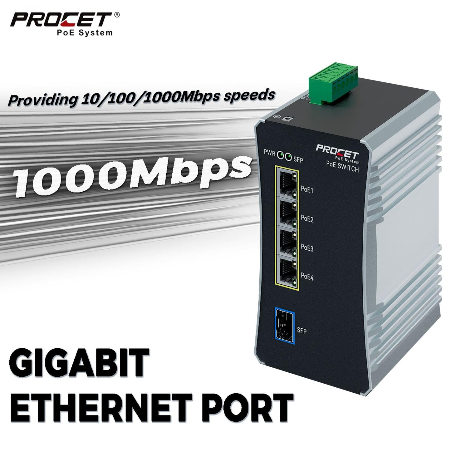 PROCET Gigabit PoE Switch 4-Port Din Rail, 90W/Port, Industrial POE++ Ethernet Switch with Wide Temp -40°F to 149°F, Boost, 12-57V DC Input, IEEE802.3af/802.3at/802.3bt, PT-PIS4PB1T-E