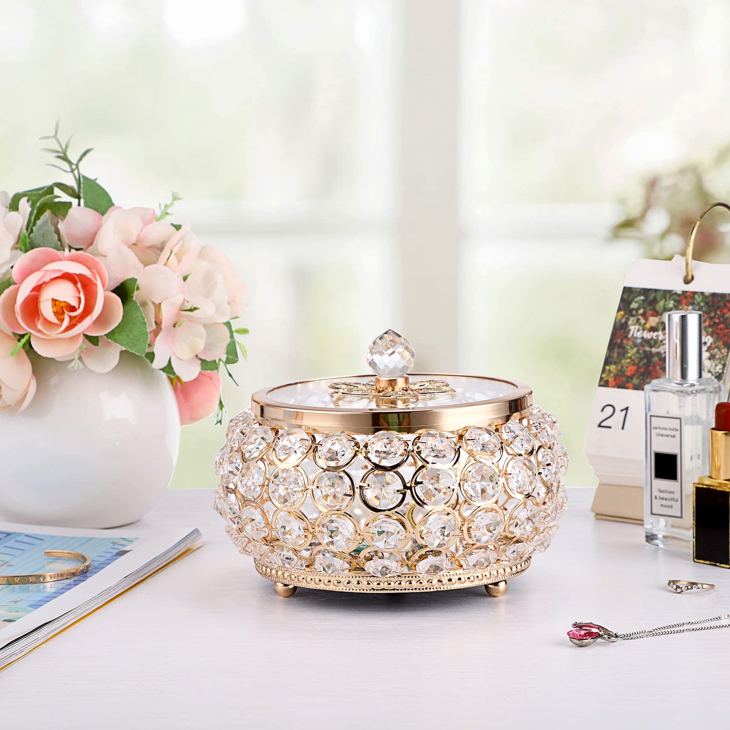 Hipiwe Crystal Jewelry Trinket Box with Glass Lid Large Gold Mirrored Treasure Box Decorative Jewelry Box Ring Earrings Necklace Storage Keepsake Box Gift for Women