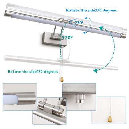 MantoLite 60CM LED Bathroom Wall Lights with Pull Cord Swivel Lamp Head Long Silver Wall Lights for Pictures,Frames&Art Painting IP44 Over Mirror Lamp for Shaving 12W
