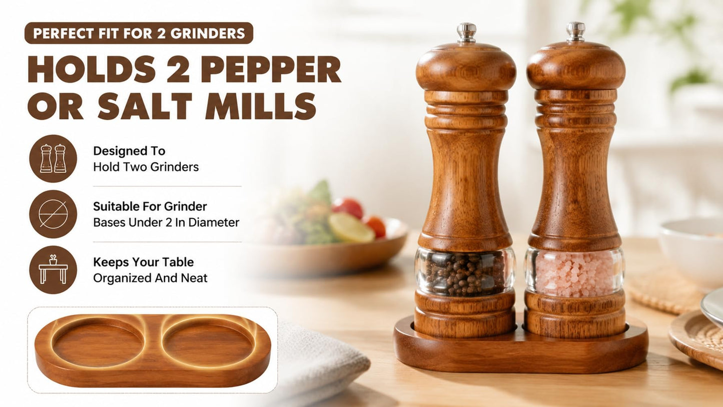 Wood Pepper Grinder Tray Salt and Pepper Mill Holder Rubberwood Stand Organizer for Kitchen Counter Dining Table Spice Grinder Base Storage