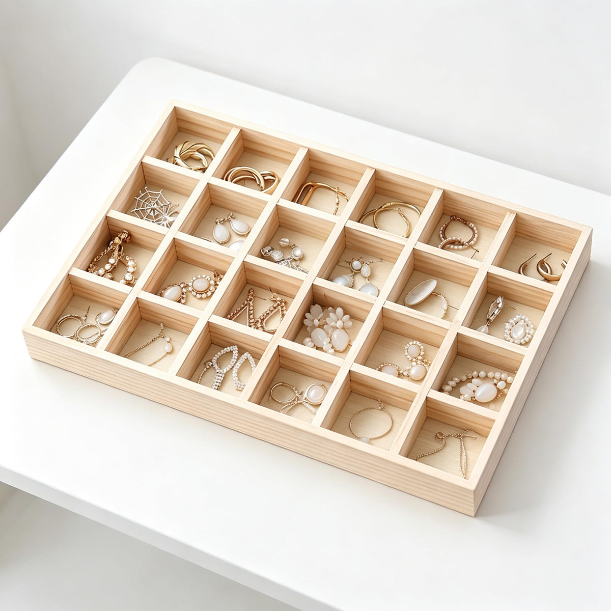 JUANERJIE Stackable 24 Compartments Wood Display Tray, Wooden Grid Sorting Organizer Tray, Versatile Showcase Storage for Jewelry, Accessories, Ties and Daily Small Items