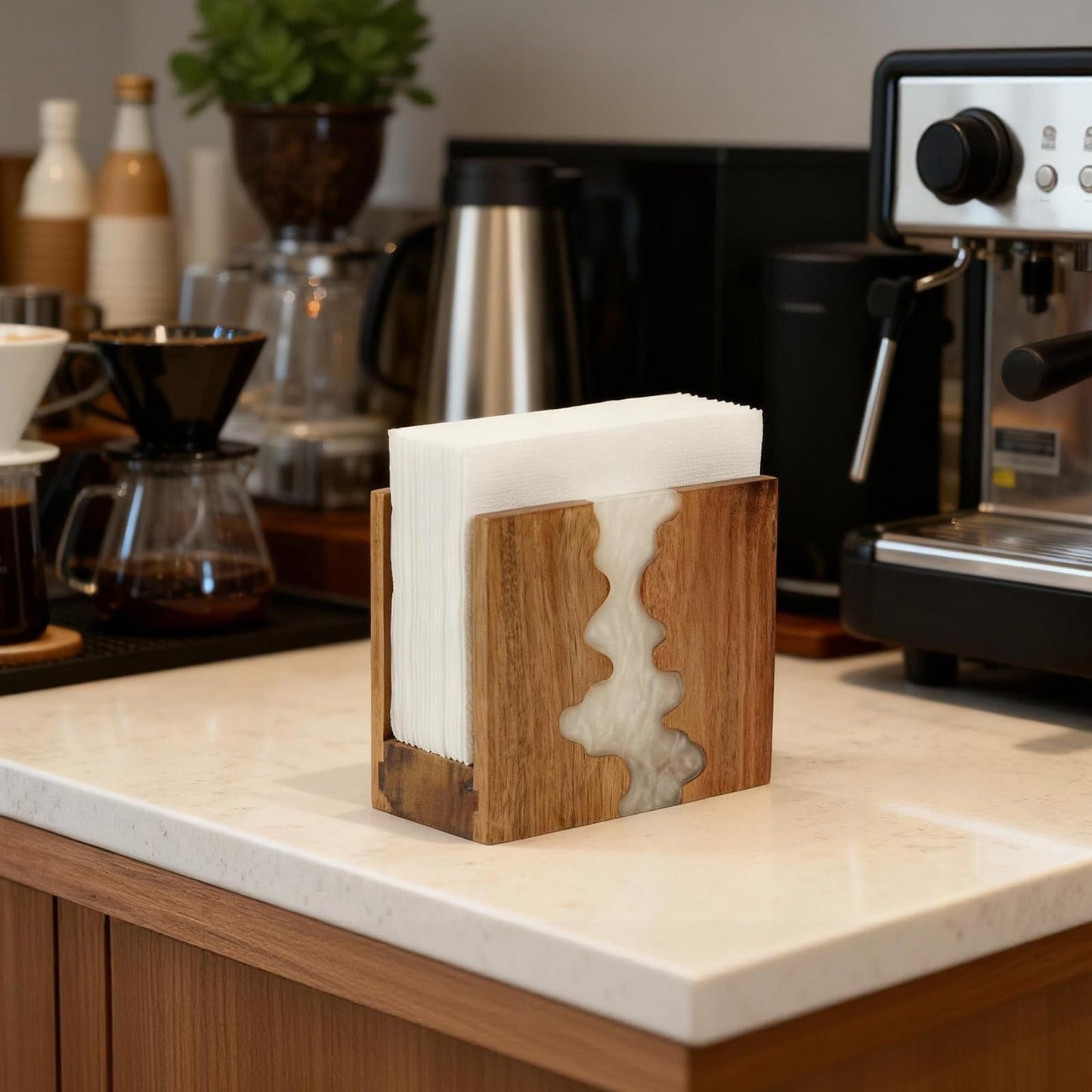 Acacia Wood Napkin Holder for table, Handmade Epoxy Resin Tissue Box Holder with Unique Wave Design & 3CM Sturdy Base for Kitchen Table, Dining Room Decor,counter tops or outdoors