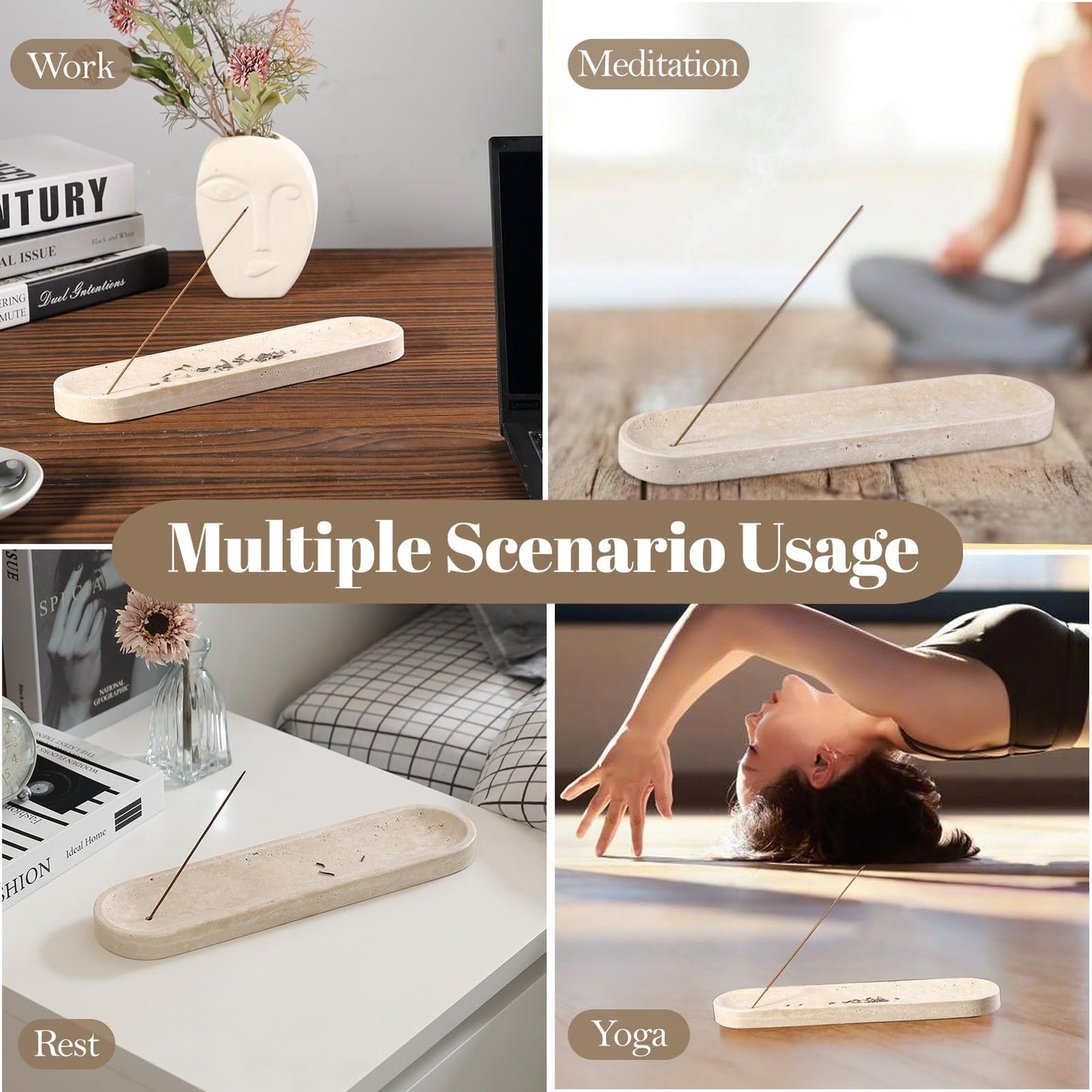 Koville Travertine Incense Holder, Incense Holder for Sticks, Long Incense Sticks Holder Ash Catcher for Meditation Yoga SPA, Natural Stone Incense Burner, Home Table Decor(Beige)