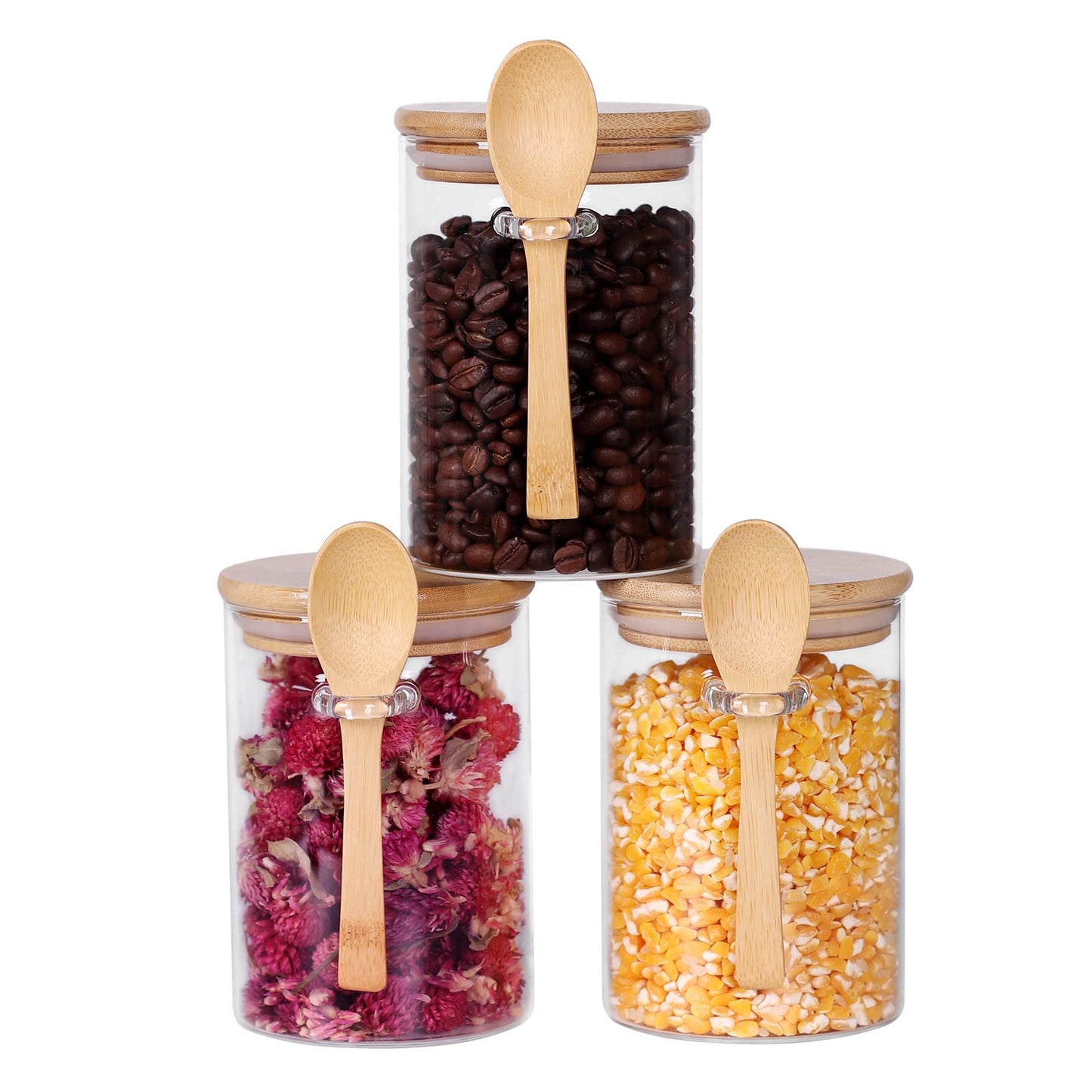 Glass Jar with Bamboo Lid and Spoon, 3 Pack 16 OZ Tea Containers for Loose Leaf Tea, Salt and Sugar Containers for Countertop, Yogurt Jars for Overnight Oatmeal
