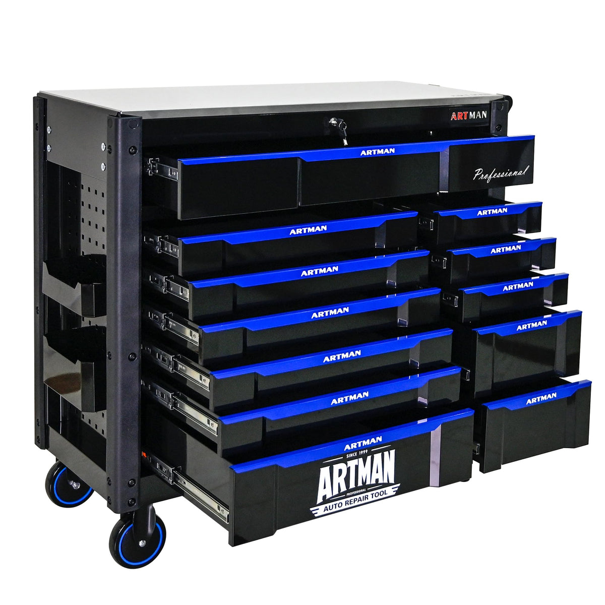 KEIKI 12 Drawer Rolling Tool Cart with Wooden Top, Metal Tool Cabinet with Wheels and Handle, Heavy Duty Storage Organizer for Garage Workshop (Black&Blue)