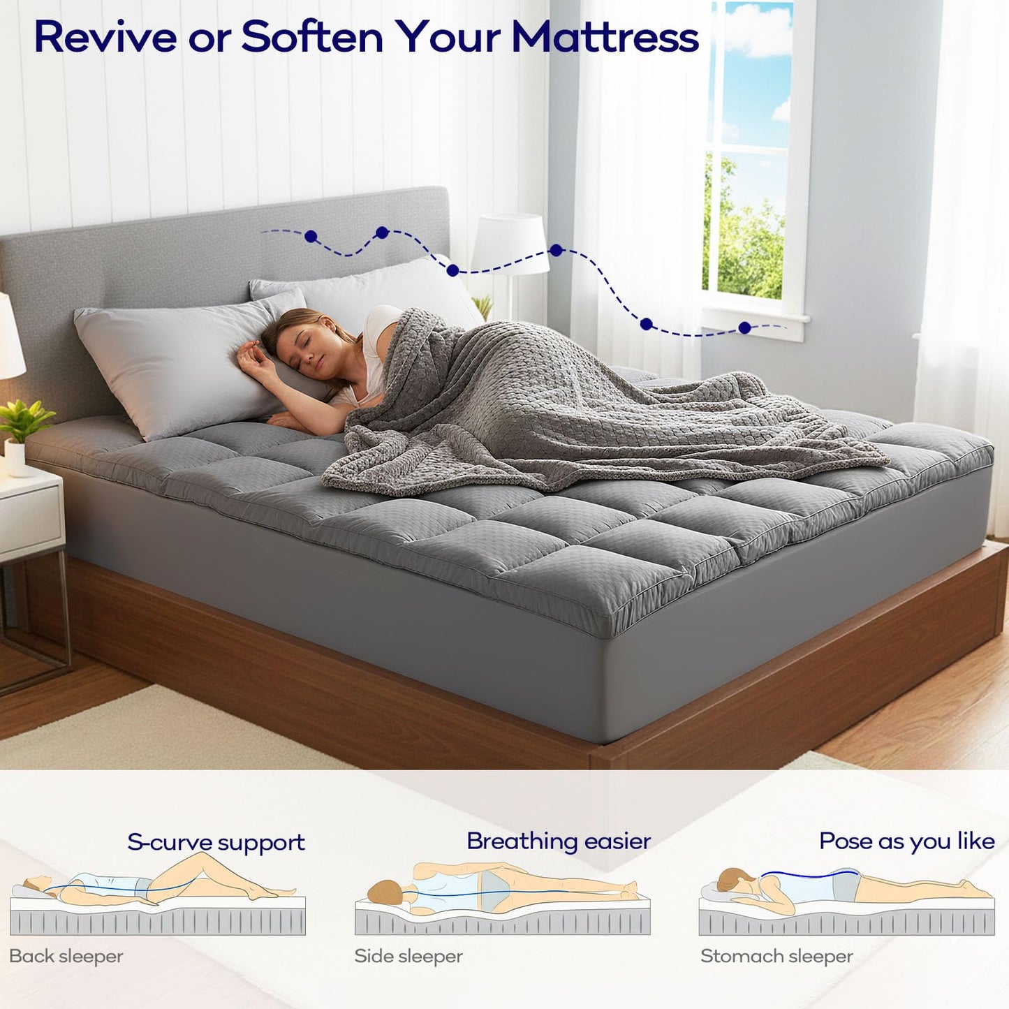 OLANLY Dual-Layer 4 Inch Queen Mattress Topper for Back Pain, 2 Inch Gel Memory Foam Support Base and 2 Inch Cooling Pillow Top Mattress Pad Cover, Plush Pressure Relief, Deep Pocket, Grey