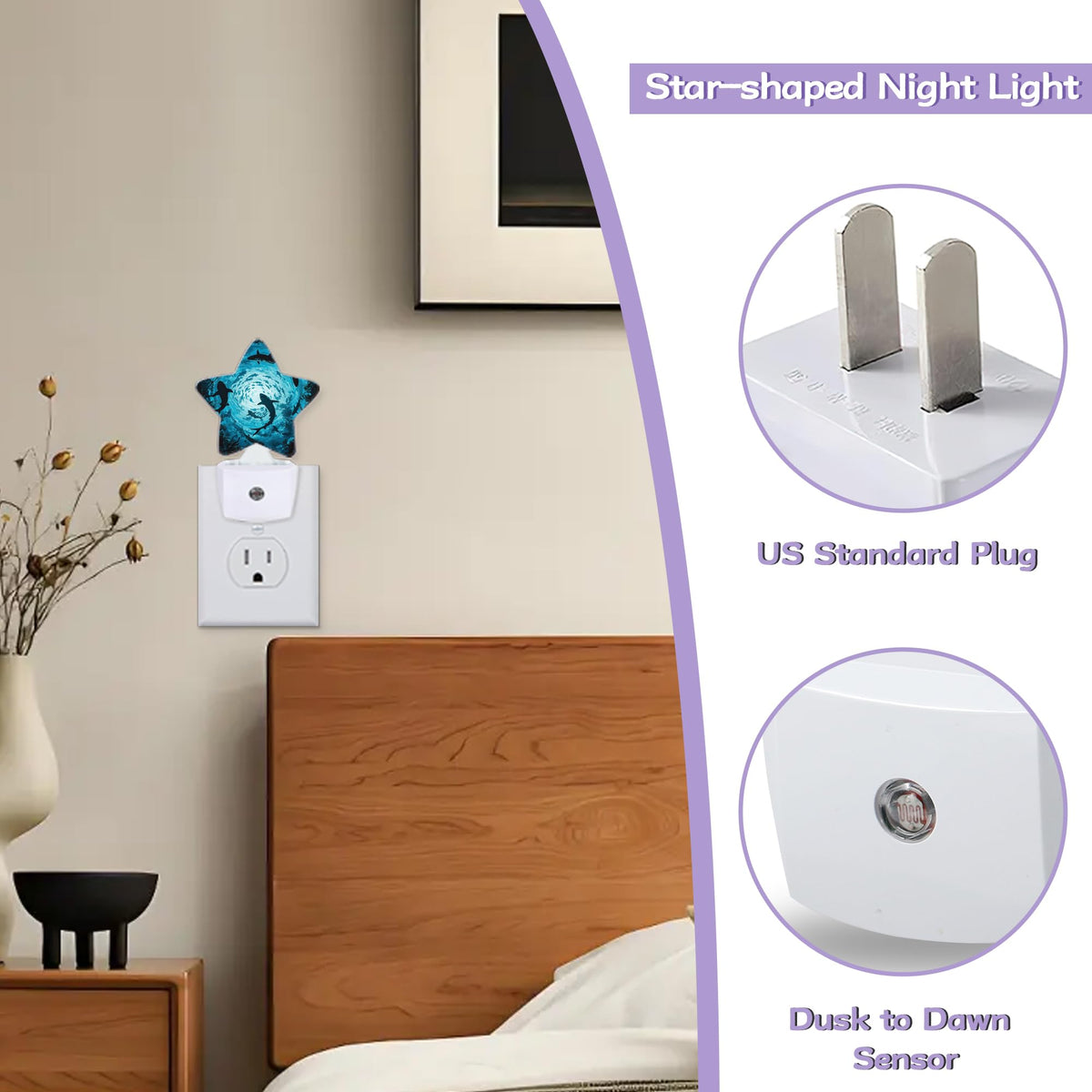 Sharks Swimming Decorative Nightlight Plug in Wall,Deep Blue Sea Star Shaped Night Light with Built in Sensor for Home Decor,Kitchen Hallway Stairs Desk Lamp
