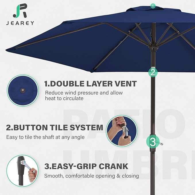 JEAREY 7.5FT Patio Umbrella Outdoor Table Umbrella with 6 Sturdy Ribs, Push Button Tilt & Easy Crank Table Umbrella for Garden, Deck, Backyard & Pool, Deep Blue