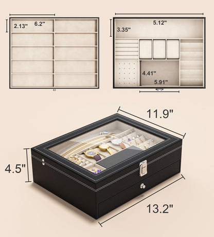 NEWLOOP Jewelry Sunglasses Organizer for Women – 2 Layer Storage Box with 10 Eyeglass Slots 3 Watch Holders Necklace and Earring Compartments Velvet Lined Jewelry Box Eyeglass Box Watch Box Display