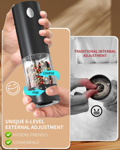 CIRCLE JOY Electric Salt and Pepper Grinder Set Rechargeable Pepper Mill Grinders with Charging Base, External Adjustable Coarseness, 95ml Container and White LED Light, Black
