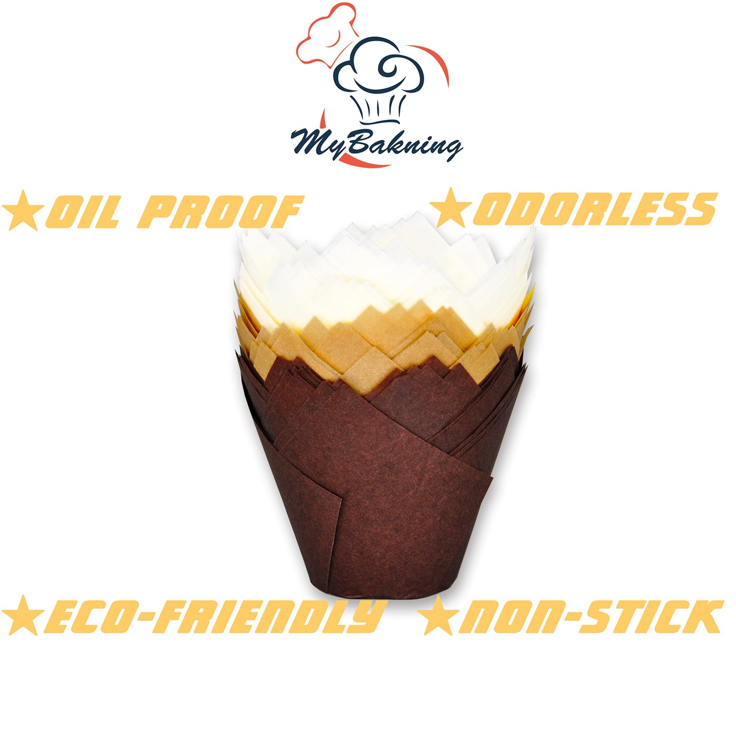 MyBakning (JUMBO EXTRA LARGE size) Natural+Brown+White Tulip Baking Cups 2-1/4"(Base diameter) x 3-3/4"(Wall height) Greaseproof paper baking cupcake Muffin liners, Case of 130 pcs