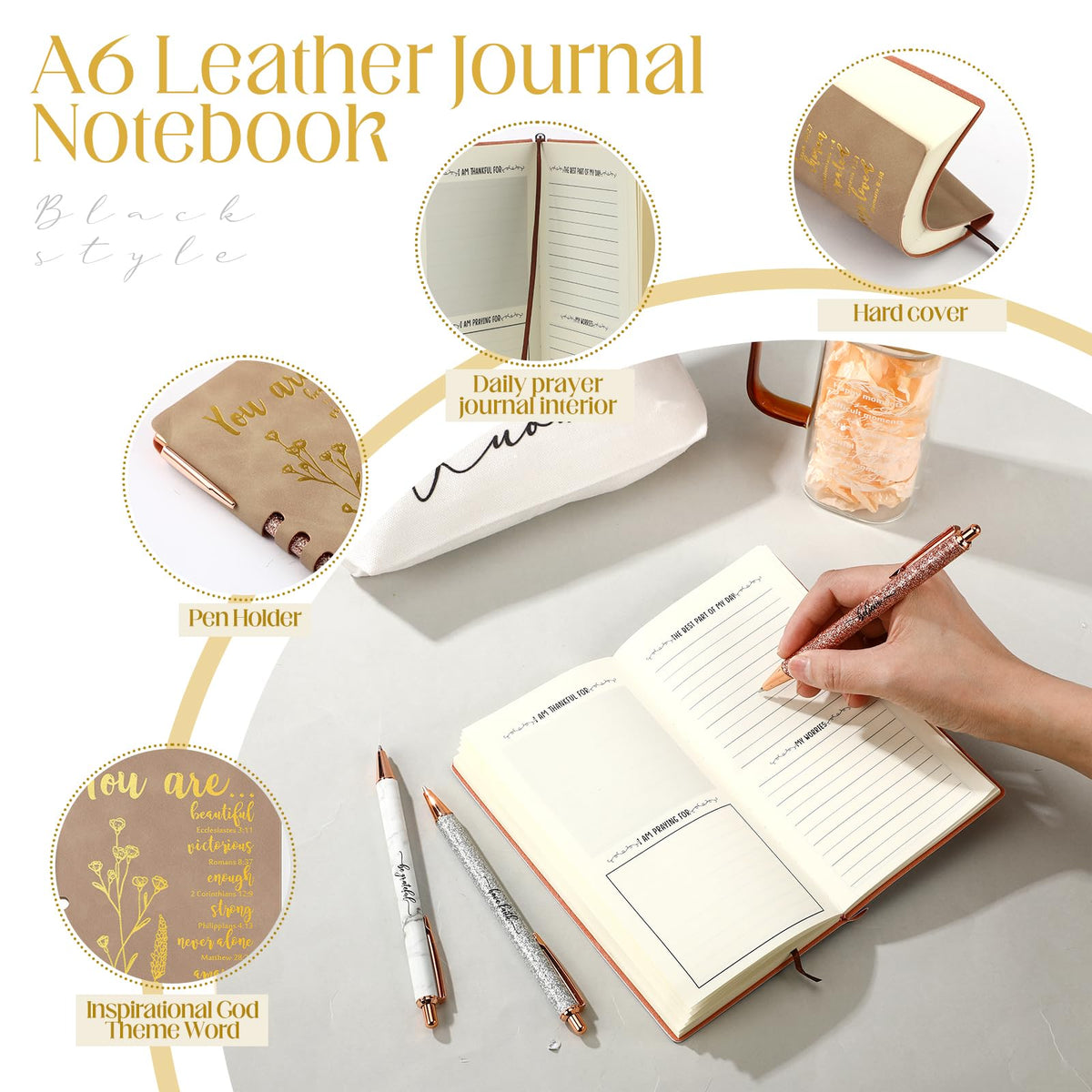 Skylety 6 Pcs Christian Gifts Set for Women Prayer Journal with Pens Makeup Bag Glass Cup Bible Study Supplies for Church Office Teacher Mother's Day Birthday Graduation Religious Gifts(Brown)