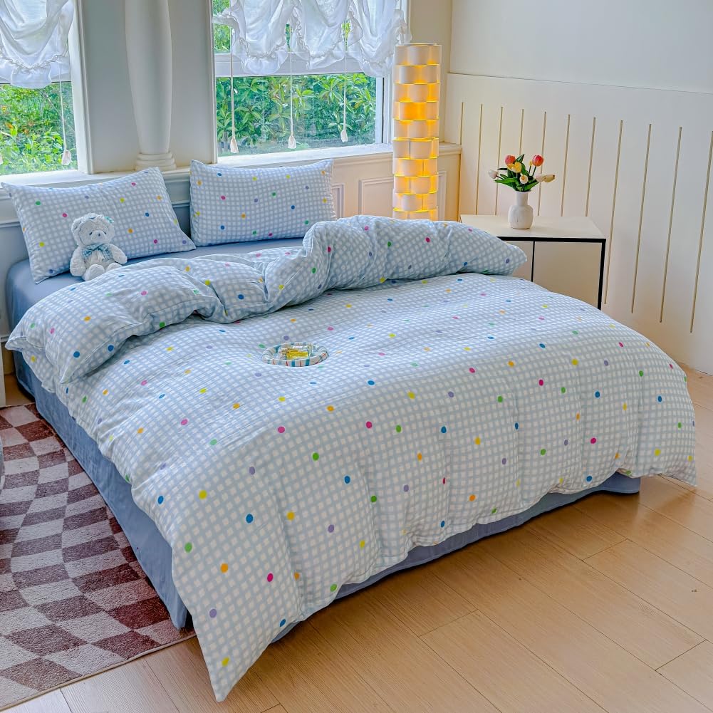 BlueBlue Blue Grid Duvet Cover Set Queen 100% Cotton Soft Lightweight Gauze Bedding Rainbow Polka Dot on Plaid 1 Abstract Geometric Full Comforter Cover 2 Pillow Shams, Queen