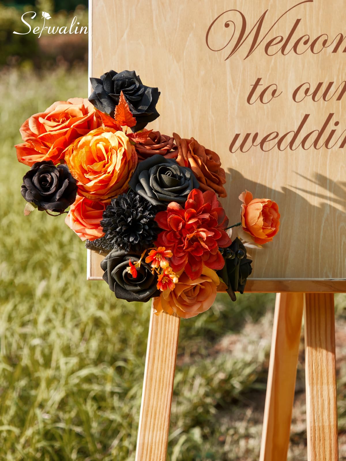 Serwalin Fall Flowers Combo - Black & Orange Artificial Wedding & Halloween Flowers for DIY Bridal Bouquets, Centerpieces & Home Decoration