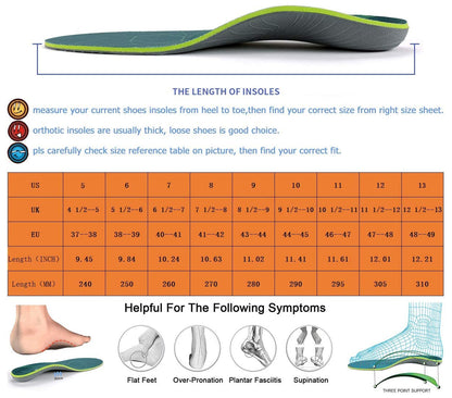 Plantar Fasciitis Arch Support Orthopedic Insoles Relieve Flat Feet Heel Pain Shock Absorption Comfortable Inserts(Size:UK-6,Length:9.87",Green)