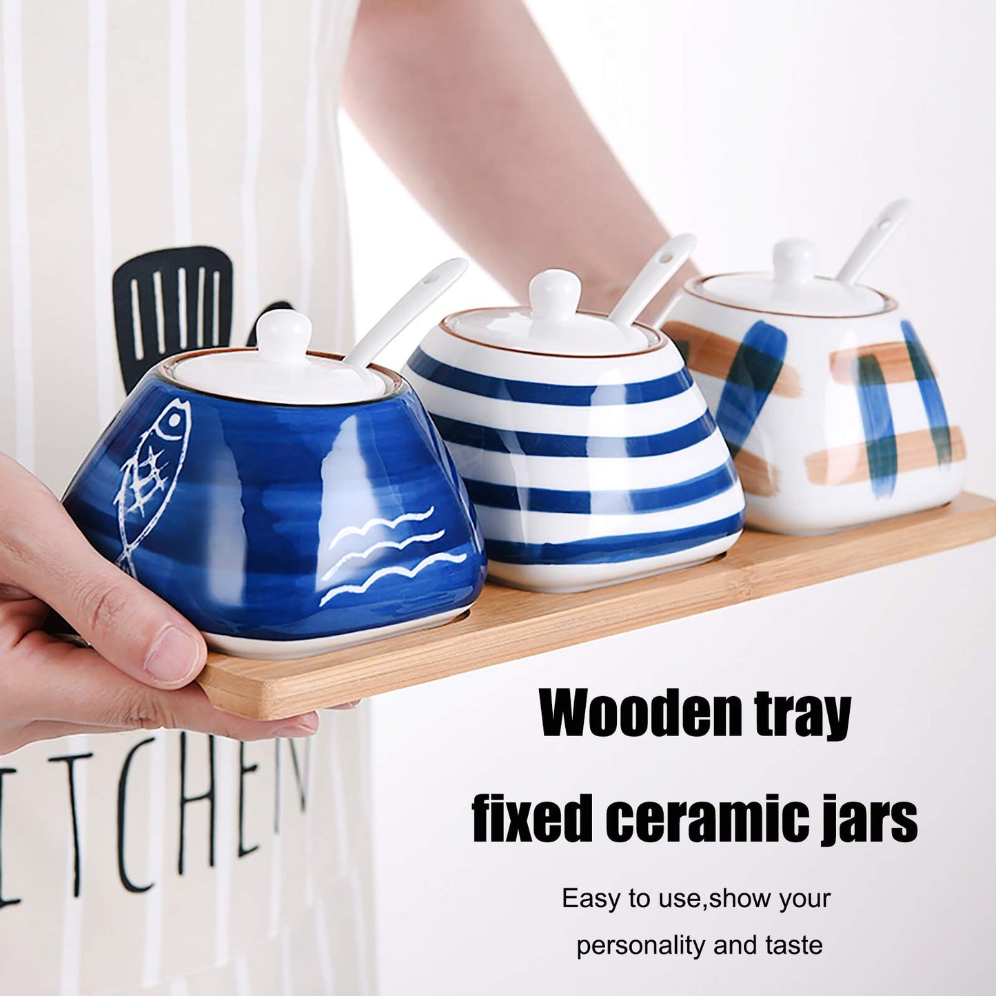 DGVR Porcelain Condiment Jar Spice Container with set of 3 Ceramic Condiment Pot Seasoning Box with Ceramic Serving Spoon and Lid - Bamboo Tray Porcelain Sugar Bowl for Home Kitchen 300ml (10.6oz)