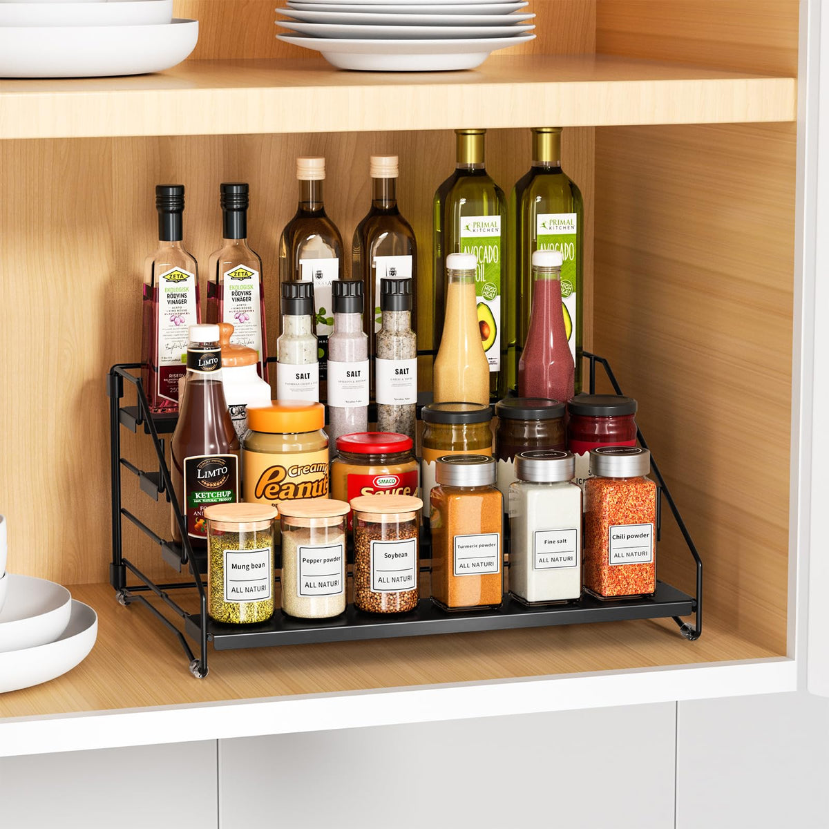 RCHYFEED Spice Rack Organizer for Cabinet Pantry,4 Tier Spice Rack Countertop, Depth Adjustable Spice Organization for Cabinet,Tierd Seasoning Organizer for Cabinet(Black, 1Pack)
