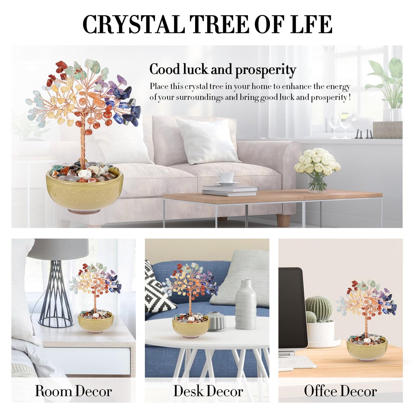 7 Chakra Crystal Tree with Ceramic Base,Natural Gemstone Feng Shui Money Tree for Wealth,Good Luck & Positive Energy,Handmade 5 Inch Healing Abundance Bonsai for Home Office Decor