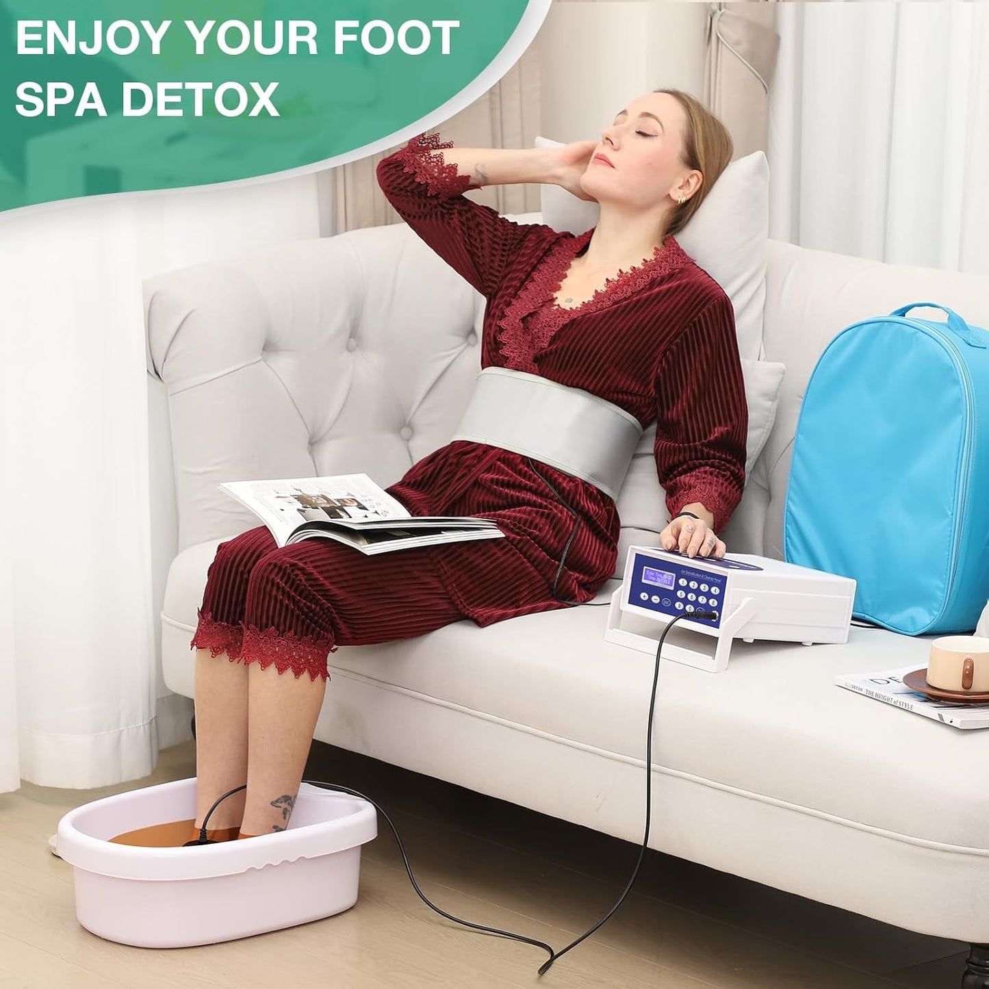 Ionic Detox Foot Bath - Detox Foot Spa, Ionic Foot Bath Detox Machine Chi Cleanse with Tub, Wrist Strap, Far Infrared Waistbelt, 2 Arrays, Blue Bag