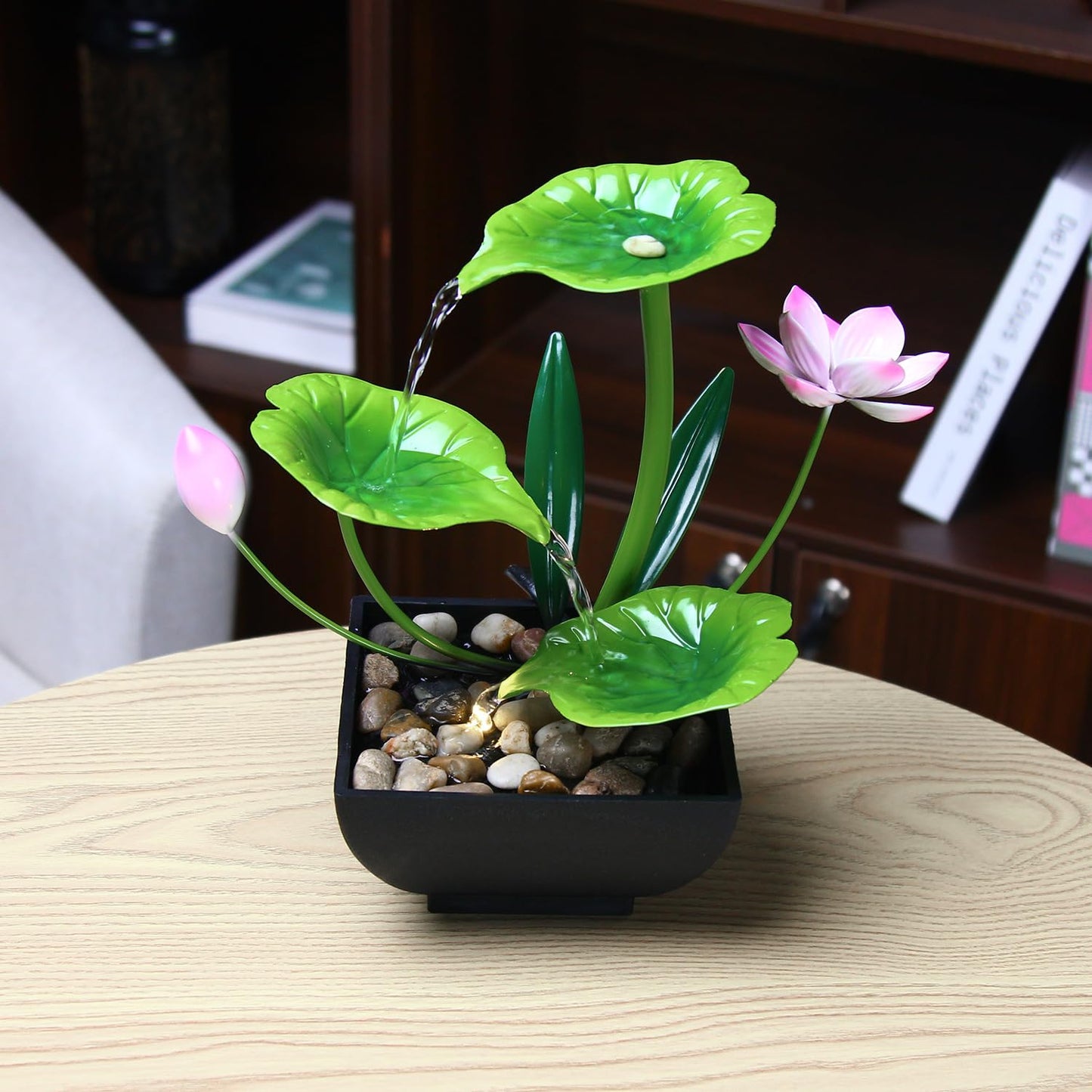YOQUATE Water Fountain Indoor Waterfall Fountain 3-Tier Tabletop Fountain Lotus Desk Relaxation Home Decor Including Lots of Rocks and Soothing Sound Machine (Green 1)