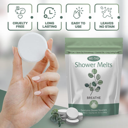 We-Tab Shower Steamers 10-pk with Essential Oil Aromatherapy to Breathe Clear, Long Lasting Eucalyptus Scent, for Relaxation, Stress & Sinus Relief and Self Care. Great for Flu & Cold Season.