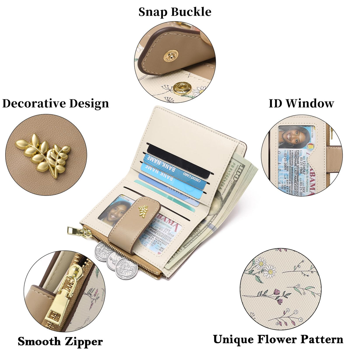 GAEKEAO Small Wallets for Women RFID Blocking Leather Bifold Zipper Pocket Wallet Credit Card Holder with ID Window