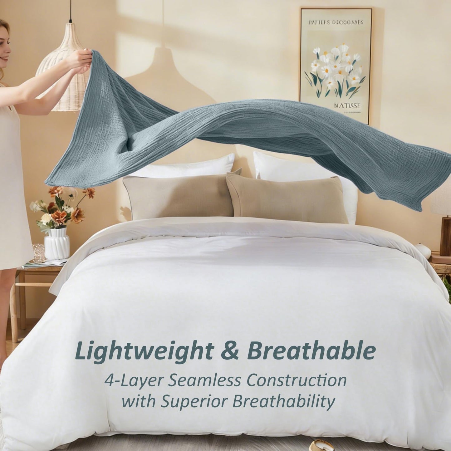 EMME Cotton Muslin Large Throw Blanket Couch Breathable Gauze Soft Lightweight Bed Blankets Adults (Heather Teal, 50"x70")