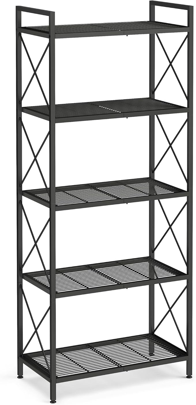 SONGMICS 5-Tier Metal Storage Rack, Shelving Unit with X Side Frames, Dense Mesh, 12.6 x 23.6 x 57.3 Inches, for Entryway, Kitchen, Living Room, Bathroom, Industrial Style, Ink Black UBSC165B01