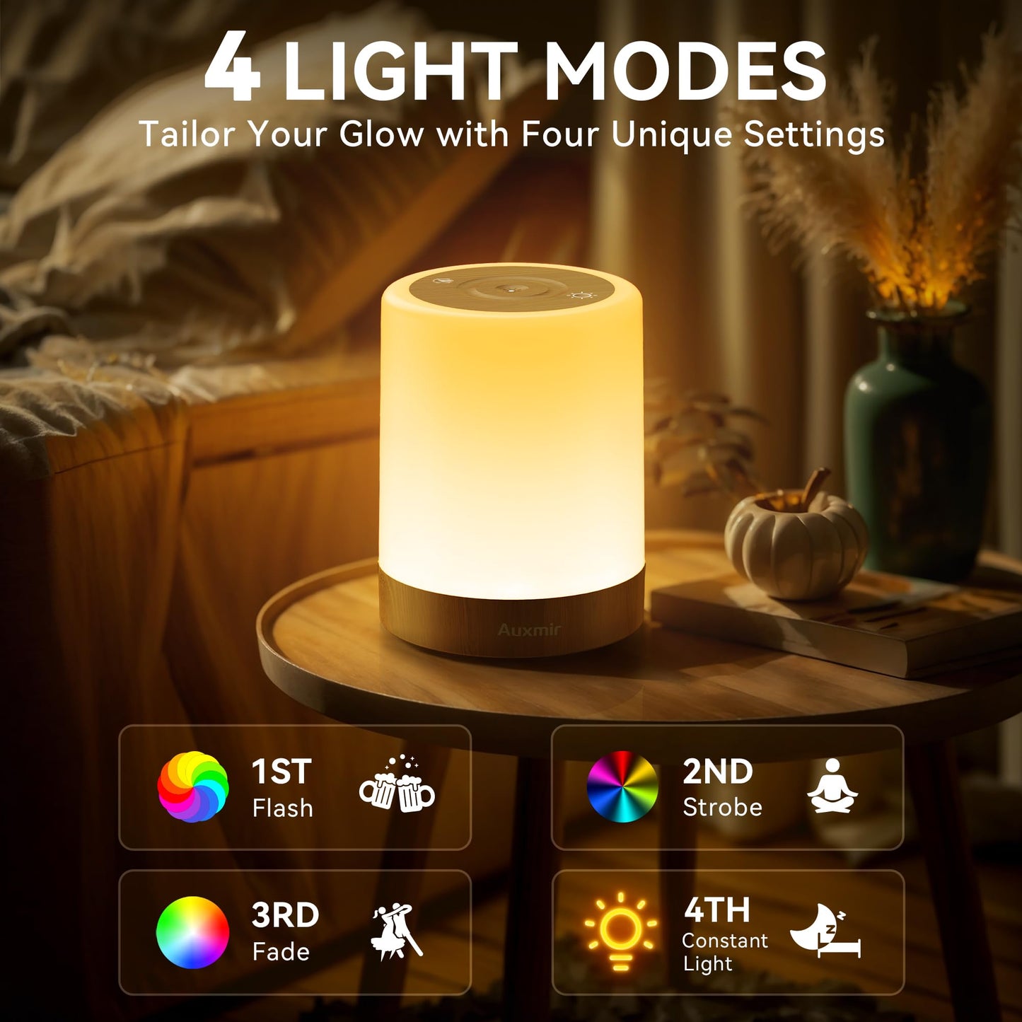 Auxmir Night Light, 3000mAh Rechargeable LED Table Lamp, Smart Dimmable Touch Control Bedside Lamp with RGB Color Changing & 4 Modes, Portable Night Light for Kids, Bedroom, Living Room, Camping