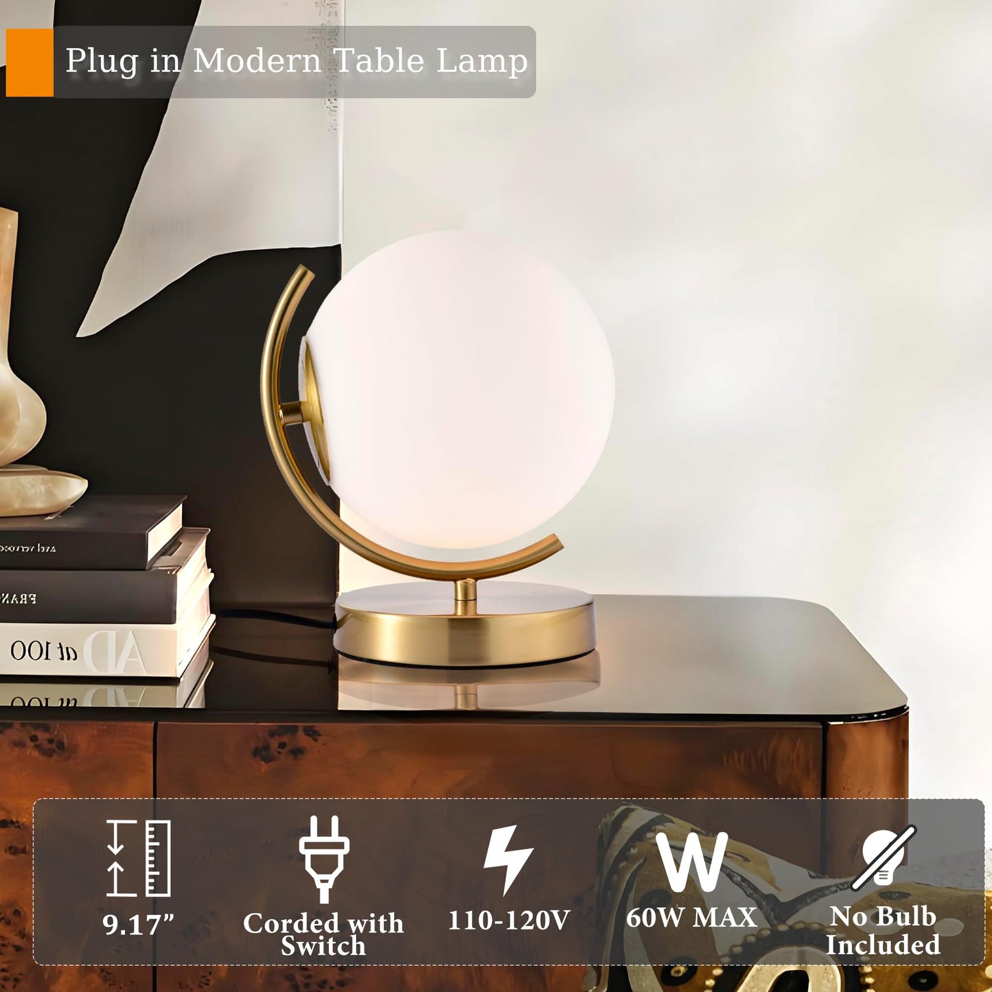 Antique House Gold Modern Globe Table Lamp with 7.1'' Glass Goble Shade Mid Century Table Lamps Desk lamp Metal Standing lamp for Bedroom Living Room Office