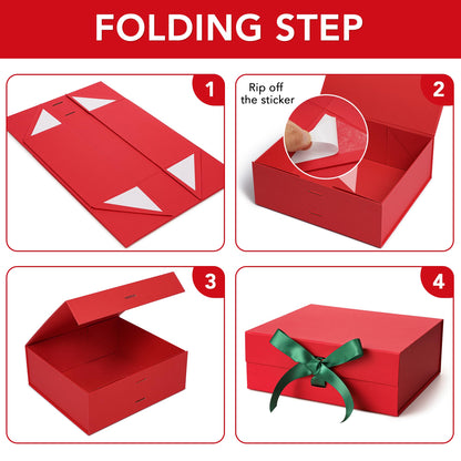 SWANGSA Red Christmas Gift Boxes with Lid for presents 10.2x8.8x3.8 Inches, Large Gift Box with Ribbon and Magnetic Closure, Collapsible Gift Box for Christmas, Wedding, Valentine's day, Birthday Gift