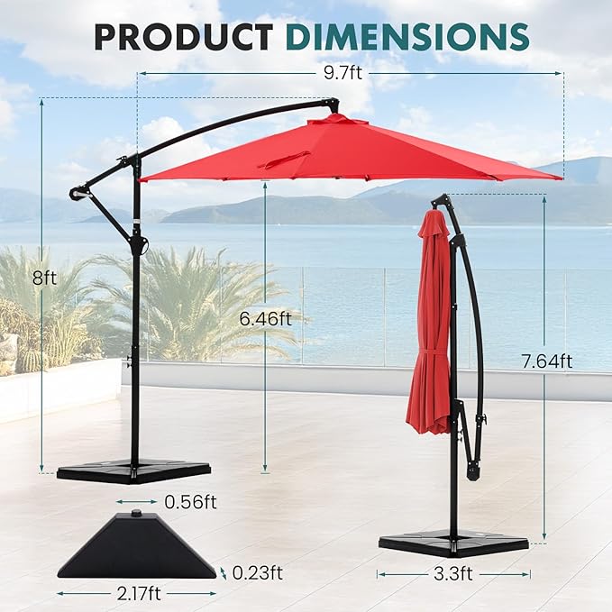 OLIXIS 9.7FT Offset Patio Umbrella with Base, Cantilever Table Umbrellas for Outdoor Sun Shade UV Protection with Easy Tilt Adjustment, 8 Ribs for Backyard, Lawn, Garden, Pool - Red