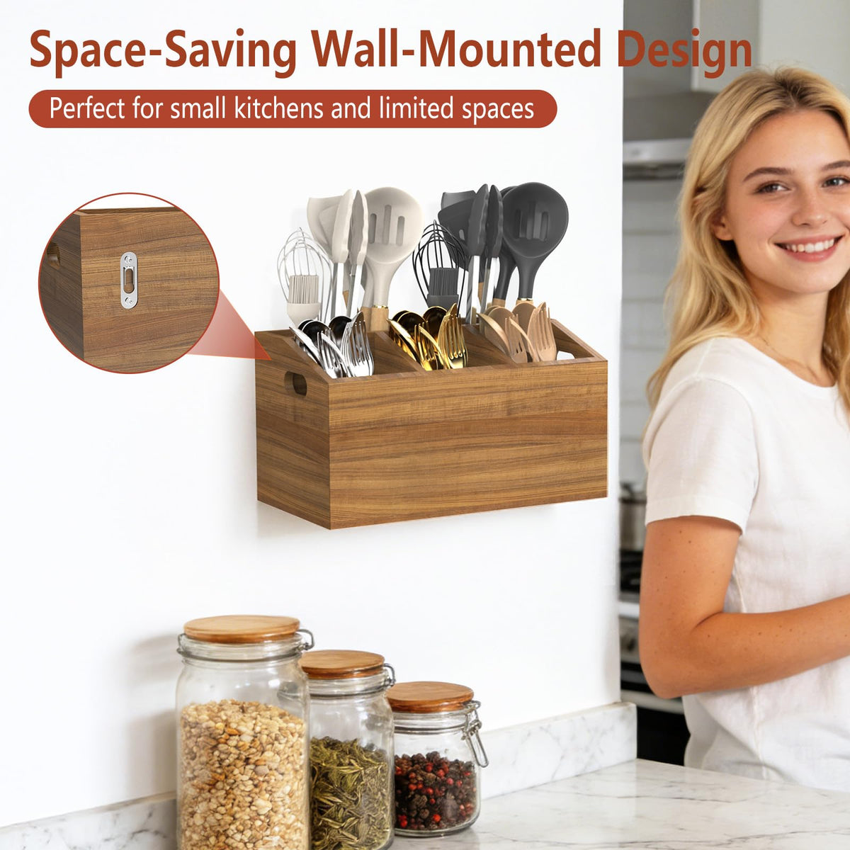 COAZEX Wooden Kitchen Utensil Holder for Countertop or Wall, Extra Large Acacia Wood Utensil Holder Organizer with 5 Compartments, Rustic Utensil Caddy for Cooking Tools & Silverware