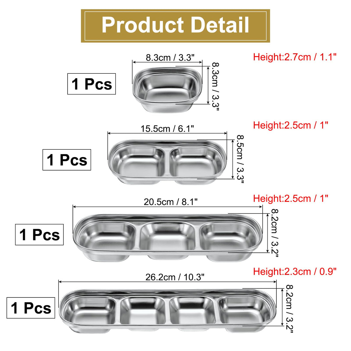 uxcell 4 Pack Stainless Steel Dish Dipping Bowls with Rectangular Compartment Divided, Metal Seasoning Plate Dipping Bowl for Condiment Home Party Restaurant Picnic Travel, Silver