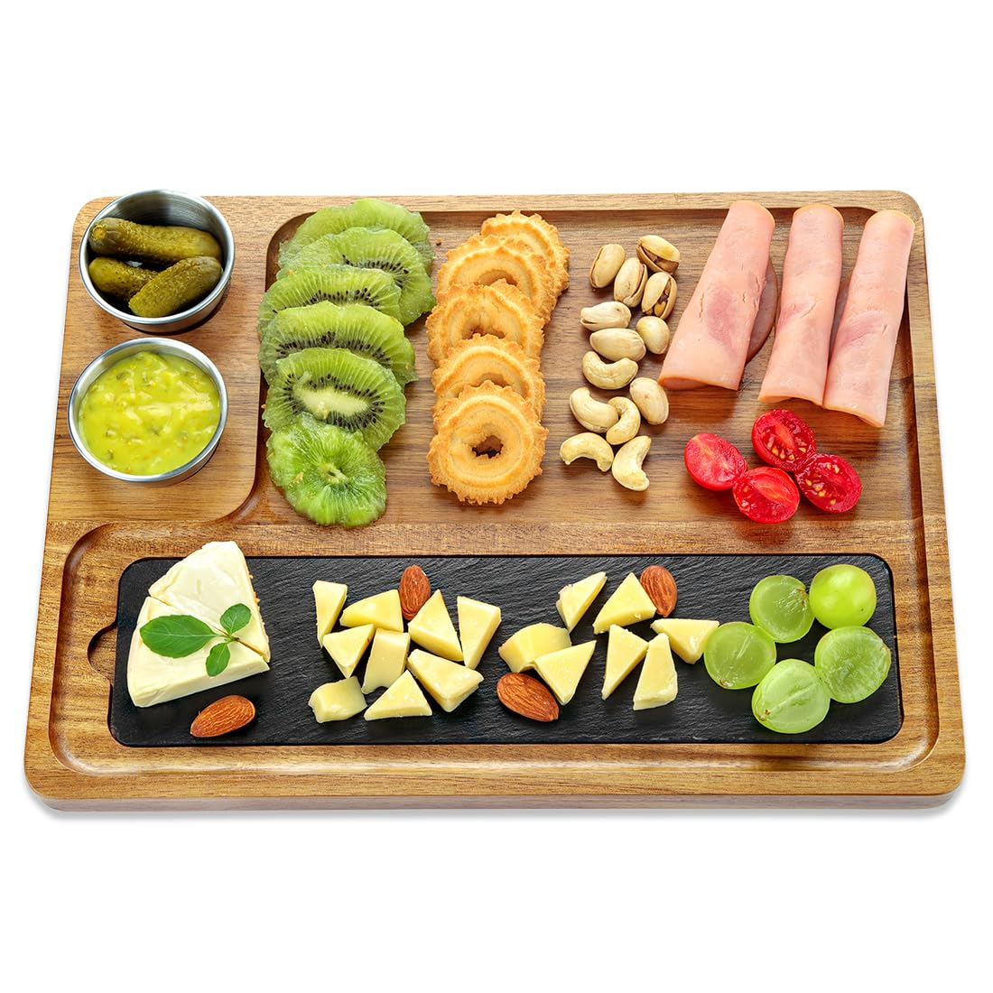 LiWiBet Wooden Slate Serving Board Charcuterie Boards with 2 Bowls, Acacia Wood Cutting Board Cheese Board Serving Plate Tray Platter for Bridal Shower Gifts Wedding Gifts Housewarming
