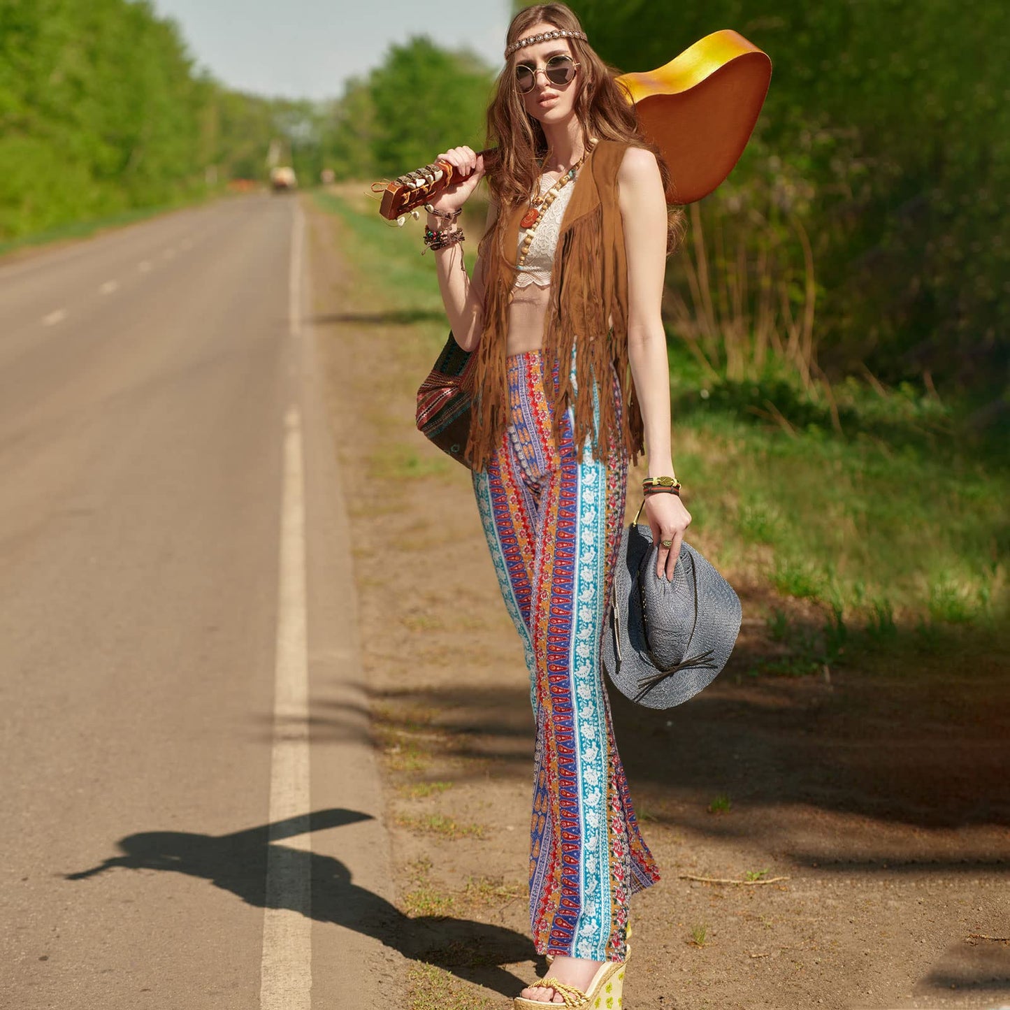 Leumoi 5 Pcs 60s 70s Costume for Women Disco Outfits Hippie Accessories Fringe Vest Boho Flared Pants Set for Halloween(XX-Large,Retro)