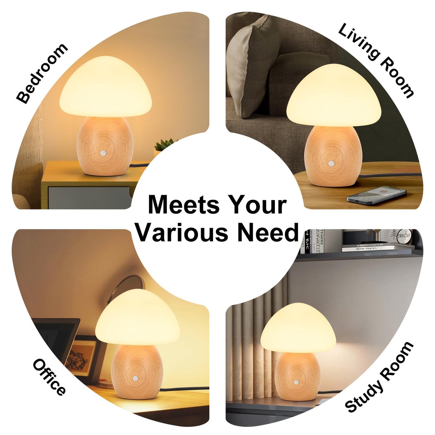 BNYFDC Mushroom Lamp with Touch Control Switch, Small Wooden Table Lamp with Glass Shade, 3 Way Dimmable Nightstand Lamp for Bedroom, G9 LED Bulb Included (Nature Wood&Opal White Glass Shade)